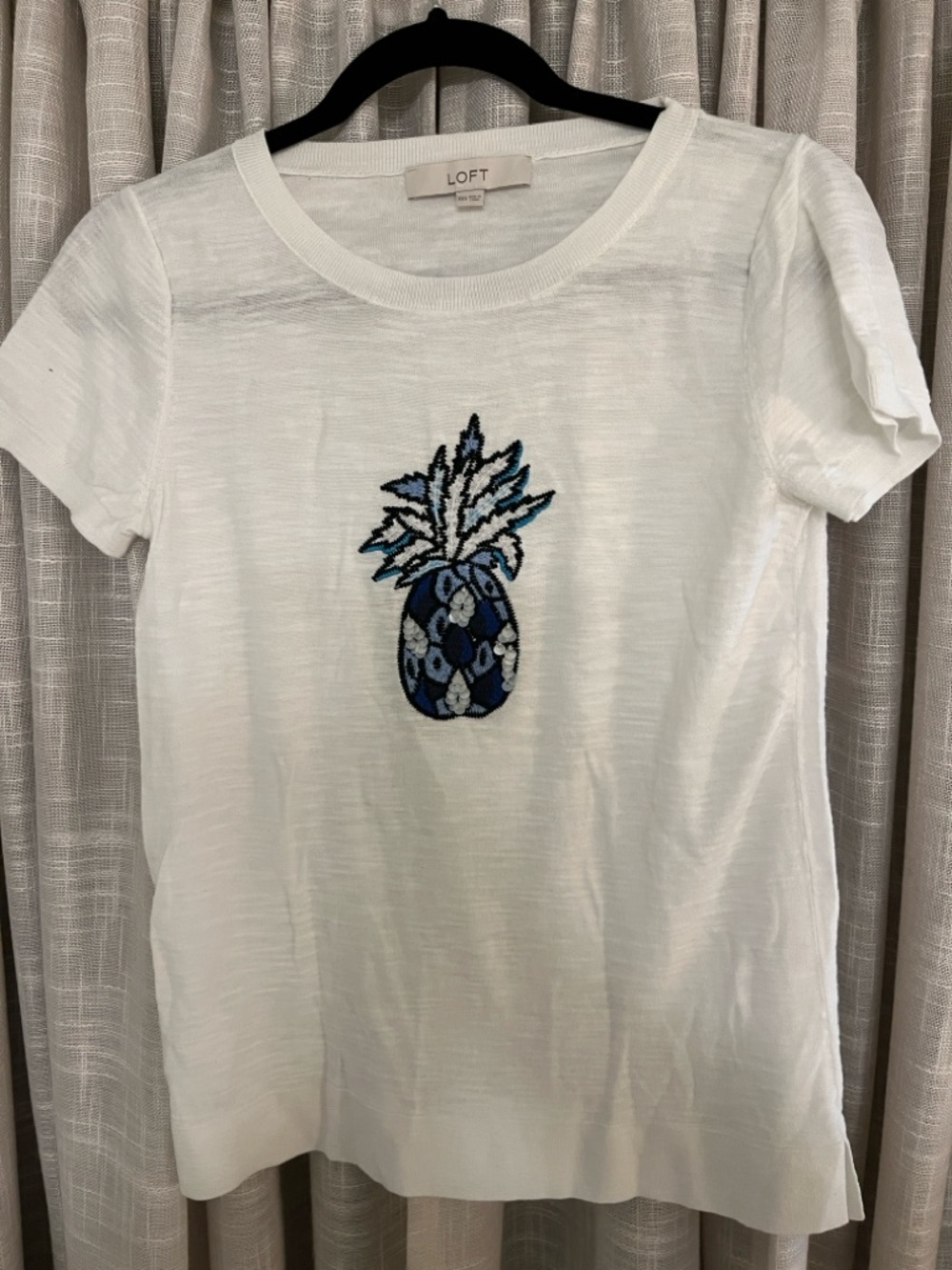 LOFT White Tee with Blue Pineapple Motif